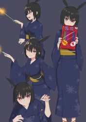 Rule 34 | 1girl, black hair, blue kimono, blush, breasts, elfenlied22, fate (series), fireworks, head wings, highres, japanese clothes, kimono, long sleeves, looking at viewer, medium breasts, multiple views, obi, open mouth, ortlinde (fate), red eyes, sash, short hair, smile, sparkler, valkyrie (fate), wide sleeves, wings