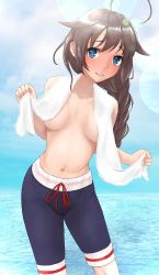 Rule 34 | 1girl, ahoge, blue eyes, blue jammers, blue male swimwear, blue sky, blush, braid, breasts, brown hair, cloud, cowboy shot, crossdressing, day, drawstring, embarrassed, hair flaps, hair over shoulder, horizon, jammers, kantai collection, leaning forward, lens flare, looking at viewer, male swimwear, namiki kojiro, ocean, outdoors, shigure (kancolle), shigure kai ni (kancolle), single braid, sky, small breasts, solo, standing, swimsuit, towel, towel around neck, white towel