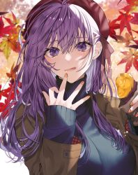 Rule 34 | 1girl, :q, alternate costume, autumn leaves, blue sweater, breasts, brown jacket, closed mouth, commentary, eyelashes, fate/stay night, fate (series), finger to mouth, fingernails, food, hair between eyes, hair ribbon, hat, highres, holding, holding food, jacket, large breasts, leaf, lips, long hair, long sleeves, looking at viewer, matou sakura, nail polish, open clothes, open jacket, orange nails, outdoors, pink lips, purple eyes, purple hair, red hat, red ribbon, ribbon, shimatori (sanyyyy), solo, sweater, symbol-only commentary, tongue, tongue out, turtleneck, turtleneck sweater, upper body