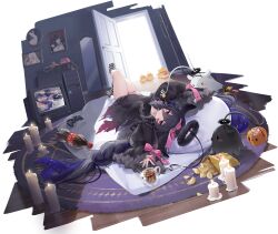 Rule 34 | 1girl, azur lane, black dress, black hair, brand name imitation, candle, candy, character name, chips (food), controller, dress, drink, food, game controller, hair between eyes, hair ribbon, highres, indoors, lace, leg up, lollipop, long hair, looking at viewer, lying, manjuu (azur lane), nys, official art, on back, open door, panties, photo (object), pillow, pink panties, pink ribbon, potato chips, pumpkin, red eyes, ribbon, see-through, see-through sleeves, socks, solo, striped clothes, striped panties, striped socks, tentacle hair, thighs, torn clothes, torn dress, underwear, whydah (azur lane), whydah (lazy pirate angel) (azur lane)