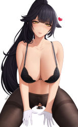 Rule 34 | 1girl, azur lane, bare shoulders, black bra, black hair, black pantyhose, blush, bow, bra, breasts, censored, cleavage, collarbone, dildo, gloves, hair flaps, heart, highres, large breasts, long hair, looking at viewer, mosaic censoring, object insertion, pantyhose, parted lips, ponytail, sex toy, simple background, smile, solo, takao (azur lane), thighs, underwear, vaginal, vaginal object insertion, white background, white bow, white gloves, yellow eyes, zaphn