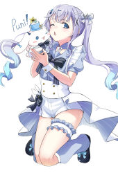 Rule 34 | 1girl, alternate costume, animal, apron, black bow, black footwear, blue bow, blue collar, blue eyes, blue hair, bow, bridal garter, buttons, character request, chestnut mouth, collar, copyright request, creature, detached collar, dot nose, double-breasted, floating hair, full body, gochuumon wa usagi desu ka?, gradient hair, highres, holding, holding animal, jumping, kafuu chino, light blue hair, looking at viewer, multicolored hair, one eye closed, purple hair, rabbit, seinaru somen, short shorts, shorts, simple background, solo focus, species connection, tube socks, white apron, white background, white bow, white shorts, white wrist cuffs, wrist cuffs