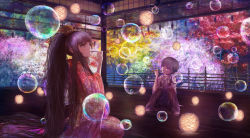 Rule 34 | 2girls, black hair, bubble, blowing bubbles, grey hair, hair ornament, hairclip, highres, japanese clothes, kneeling, long hair, multiple girls, original, smoking pipe, ponytail, popopo (popopo5656), psychedelic, very long hair