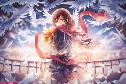 Rule 34 | 1girl, backlighting, bird, brown hair, feathers, flower, fringe trim, hair ornament, hairclip, instockeee, instocklee, kagerou project, long hair, md5 mismatch, petals, red eyes, red scarf, resolution mismatch, scarf, school uniform, serafuku, solo, source smaller, sunflower, tateyama ayano