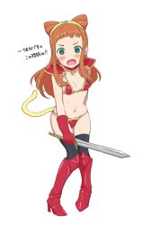 Rule 34 | 1girl, @ @, armor, bikini, bikini armor, black thighhighs, blush, boots, cone hair bun, copyright request, dot nose, embarrassed, fang, full body, gloves, green eyes, hair bun, hairband, high heel boots, high heels, highres, holding, holding sword, holding weapon, knee boots, looking at viewer, navel, open mouth, osame, pauldrons, red bikini, red footwear, red gloves, shoulder armor, simple background, solo, standing, sweat, swimsuit, sword, tail, thighhighs, weapon, white background