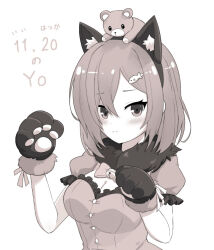 Rule 34 | 1girl, animal ear fluff, animal ears, animal hands, assault lily, blush, breasts, buttons, cat ears, cat paws, cleavage, cleavage cutout, closed mouth, clothing cutout, commentary request, date pun, fake animal ears, fish hair ornament, frilled shirt, frilled sleeves, frills, fur-trimmed shirt, fur trim, gloves, greyscale, hair between eyes, hair ornament, hairband, hairclip, hands up, hatsukano you, inoguchi minto, looking at viewer, medium breasts, medium hair, monochrome, number pun, object on head, paw gloves, puffy short sleeves, puffy sleeves, shirt, short sleeves, simple background, solo, stuffed animal, stuffed toy, teddy bear, translated, upper body, white background