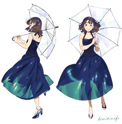 Rule 34 | 1girl, bare shoulders, blue dress, blunt bangs, blush, brown hair, dress, full body, high heels, highres, looking at viewer, medium hair, multiple views, original, parted lips, profile, signature, simple background, sleeveless, sleeveless dress, transparent, transparent umbrella, umbrella, umishima senbon, white background