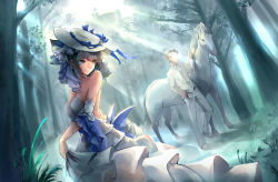 Rule 34 | 1boy, 1girl, absurdres, animal ears, aqua eyes, aqua hair, arm strap, azur lane, backless dress, backless outfit, bareback, breasts, brown hair, cat ears, cheshire (azur lane), cheshire (the cat and the white steed) (azur lane), cheshire (the cat and the white steed) (azur lane), cleavage, dated, dress, evening gown, faceless, faceless male, fake animal ears, forest, grey hair, hat, highres, horse, layered dress, long dress, looking back, medium breasts, multicolored hair, nature, official alternate costume, short hair, signature, skirt hold, sleeveless, sleeveless dress, strapless, strapless dress, streaked hair, sun hat, two-tone hair, white dress, white headwear, white horse, xi shui fang
