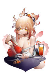 Rule 34 | 1girl, absurdres, alternate breast size, bandaged arm, bandages, bare shoulders, blonde hair, breasts, choker, cleavage, commentary request, cup, drinking glass, genshin impact, hair between eyes, highres, large breasts, sarashi, short hair, simple background, solo, upper body, white background, yellow eyes, yoimiya (genshin impact), yushe quetzalli