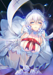 Rule 34 | 1girl, azur lane, blue eyes, blush, bouquet, bow, breasts, bridal veil, bride, choker, dress, flower, flower choker, garter straps, gloves, hair ornament, halter dress, halterneck, highres, holding, holding bouquet, huge breasts, illustrious (azur lane), illustrious (morning star of love and hope) (azur lane), inoue takuya (tactactak), long hair, looking at viewer, low twintails, mole, mole under eye, night, night sky, red bow, rose, sky, smile, solo, teeth, thighhighs, tiara, tri tails, twintails, veil, wedding dress, white dress, white flower, white gloves, white hair, white rose, white thighhighs