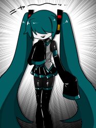Rule 34 | 1girl, aqua hair, black bodysuit, black skirt, black sleeves, black thighhighs, bodysuit, bodysuit under clothes, collared shirt, colored skin, covered eyes, detached sleeves, drop shadow, emphasis lines, feet out of frame, grey shirt, grey skin, hair ornament, hair over eyes, hand up, hatsune miku, headphones, highres, kyomu 305, legs together, long bangs, long hair, long sleeves, mekakure miku (homma nuruneko), miniskirt, open mouth, pleated skirt, sharp teeth, shirt, skirt, sleeveless, sleeveless shirt, sleeves past fingers, sleeves past wrists, smile, solo, standing, teeth, thighhighs, twintails, very long hair, vocaloid, white background