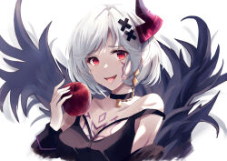 Rule 34 | 1girl, apple, bare shoulders, breasts, chest tattoo, cleavage, collarbone, djeeta (granblue fantasy), food, forbidden alter ego (granblue fantasy), fruit, granblue fantasy, hair ornament, holding, holding food, holding fruit, horns, medium breasts, nasupon 54115, off shoulder, open mouth, red eyes, short hair, single horn, solo, tattoo, tongue, tongue out, upper body, white hair, x hair ornament