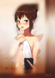Rule 34 | 1girl, bad id, bad pixiv id, bathing, blush, breasts, brown hair, cellphone, completely nude, condensation, highres, long hair, makise kurisu, mirror, naked towel, navel, nude, open mouth, phone, purple eyes, selfie, smartphone, solo, steins;gate, towel, upper body, wujia xiaozi