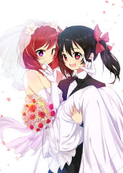 Rule 34 | 10s, 2girls, \m/, black hair, bouquet, bridal veil, bride, caibao return, carrying, double \m/, dress, elbow gloves, flower, gloves, groom, hair flower, hair ornament, hair ribbon, highres, looking at viewer, love live!, love live! school idol project, multiple girls, nico nico nii, nishikino maki, open mouth, petals, princess carry, purple eyes, red eyes, red hair, ribbon, rose, strapless, strapless dress, tuxedo, twintails, veil, wedding, wedding dress, wife and wife, yazawa nico, yuri