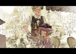 Rule 34 | 1girl, 4boys, antique phone, bag, blonde hair, book, bow, bowtie, bread, brown hair, cafe, car, chair, cup, dog, food, formal, glasses, hat, lamppost, letterboxed, matsuda (matsukichi), motor vehicle, multiple boys, newspaper, notebook, original, outdoors, pavement, phone, plate, road, rotary phone, sitting, street, table, teacup, tray, tree, vehicle, vest, waiter