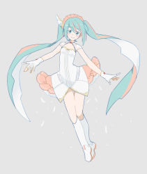 Rule 34 | 1girl, agonasubi, aqua eyes, aqua hair, boots, commentary, dress, feathers, fingerless gloves, frilled dress, frills, full body, gloves, grey background, hatsune miku, headdress, knee boots, layered dress, long hair, looking at viewer, multicolored hair, see-through, sleeveless, sleeveless dress, smile, solo, strapless, strapless dress, streaked hair, twintails, very long hair, vocaloid, white dress, white footwear, white gloves, wings