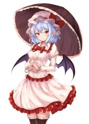 Rule 34 | 1girl, bat wings, black thighhighs, blue hair, blush, bow, bowtie, breasts, commentary, cowboy shot, dress, frilled dress, frilled shirt collar, frilled thighhighs, frills, hat, hat bow, highres, holding, holding umbrella, juliet sleeves, junior27016, long sleeves, looking at viewer, medium breasts, mob cap, pink dress, pink hat, pointy ears, puffy sleeves, red bow, red bowtie, red eyes, remilia scarlet, short hair, simple background, smile, solo, standing, thighhighs, thighs, touhou, umbrella, white background, wings, zettai ryouiki