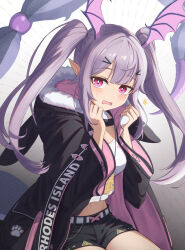 Rule 34 | 1girl, ^^^, arknights, black coat, black shorts, blunt bangs, blush, breasts, bright pupils, coat, embarrassed, fur-trimmed coat, fur trim, gradient background, grey background, hair ornament, hairclip, head wings, long hair, long sleeves, looking at viewer, looking back, manticore (arknights), medium breasts, midriff peek, navel, open clothes, open coat, pink eyes, pointy ears, purple hair, scorpion tail, shironekoban, shirt, short shorts, shorts, sitting, solo, sweatdrop, tail, twintails, white shirt, wings