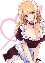Rule 34 | 1girl, alternate costume, apron, arrow through heart, black choker, blonde hair, breasts, brown eyes, choker, cleavage, closed mouth, dress, fairy tail, frilled dress, frills, garter straps, hair ribbon, heart pendant, highres, large breasts, long hair, looking at viewer, lucy heartfilia, maid, maid apron, maid headdress, maru (pixiv51714255), pendant choker, ribbon, short dress, short sleeves, sidelocks, sitting, smile, solo, swept bangs, thighhighs, twintails, white background, white thighhighs, zettai ryouiki