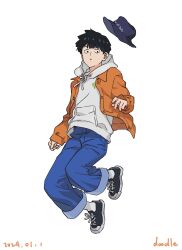 Rule 34 | 1boy, black hair, black skirt, blue headwear, character request, commentary, dated, denim, doodles, english commentary, full body, grey hoodie, highres, hood, hoodie, jacket, jeans, long sleeves, looking at viewer, male focus, mob psycho 100, open clothes, open jacket, pants, short hair, simple background, skirt, socks, solo, white background, yuka113 u3u