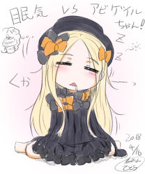 Rule 34 | 1girl, :&lt;, abigail williams (fate), barefoot, black bow, black dress, black hat, blonde hair, blush, bow, bug, butterfly, closed eyes, dated, dress, drooling, facing viewer, fate/grand order, fate (series), forehead, hair bow, hat, head tilt, highres, insect, long hair, long sleeves, neon-tetora, orange bow, parted bangs, parted lips, signature, sitting, sleeping, sleeves past fingers, sleeves past wrists, solo, translation request, triangle mouth, very long hair, wariza, zzz