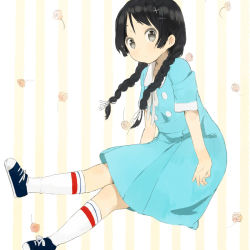 Rule 34 | 1girl, akiyama mio, alternate hairstyle, black eyes, black hair, blue dress, blue skirt, braid, dress, k-on!, k-on! movie, long hair, nasuna, shoes, singing! (k-on!), skirt, sneakers, solo, twin braids