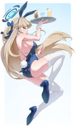 Rule 34 | 1girl, animal ears, ass, back, bare arms, bare shoulders, blonde hair, blue archive, blue bow, blue bowtie, blue eyes, blue leotard, bow, bowtie, breasts, cocktail, cocktail glass, cup, detached collar, drinking glass, earpiece, fake animal ears, fake tail, from behind, full body, halo, high heels, highleg, highleg leotard, highres, holding, holding tray, leotard, long hair, looking at viewer, looking back, medium breasts, midair, mzrz, official alternate costume, parted lips, playboy bunny, rabbit ears, rabbit tail, simple background, solo, strapless, strapless leotard, tail, thighhighs, toki (blue archive), toki (bunny) (blue archive), tray, v, very long hair, white thighhighs, wrist cuffs