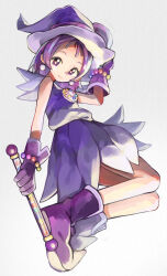 Rule 34 | 1girl, absurdres, boots, closed mouth, dress, earrings, full body, gloves, grey background, hand on headwear, hand up, hat, highres, holding, holding wand, jewelry, looking at viewer, magical girl, ojamajo doremi, one side up, pointy footwear, purple dress, purple eyes, purple footwear, purple gloves, purple hair, purple hat, rainys bill, segawa onpu, short hair, simple background, smile, solo, wand, witch hat