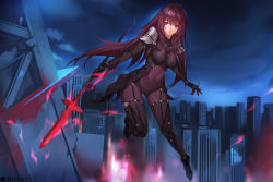 Rule 34 | 1girl, armor, bodysuit, breasts, city, covered navel, fate/grand order, fate (series), gae bolg (fate), highres, holding, holding weapon, large breasts, long hair, purple hair, red eyes, scathach (fate), scathach (fate), shoulder armor, solo, very long hair, weapon, yykuaixian