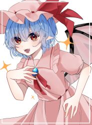 Rule 34 | 1girl, bat wings, blue brooch, blue hair, blush, border, bow, brooch, collared shirt, dress, fangs, frilled shirt collar, frills, hand on own chest, hand on own hip, hand up, hat, hat bow, highres, izumi no yasushi aya, jewelry, mob cap, neck ribbon, necklace, open mouth, pink dress, pink hat, pointy ears, puffy short sleeves, puffy sleeves, red bow, red eyes, red ribbon, remilia scarlet, ribbon, ribbon-trimmed dress, ribbon-trimmed headwear, ribbon trim, shirt, short hair, short sleeves, simple background, solo, sparkle, teeth, tongue, touhou, white background, white border, wings