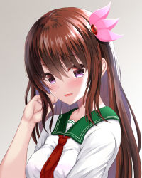 Rule 34 | blouse, breasts, brown hair, grey background, hair between eyes, hair ornament, highres, kantai collection, kisaragi (kancolle), long hair, looking at viewer, neckerchief, open mouth, purple eyes, school uniform, serafuku, shirt, short sleeves, small breasts, smile, solo, takamichis211