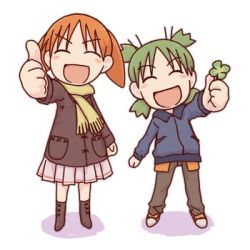 Rule 34 | 2girls, ^ ^, azumanga daiou, blush, blush stickers, boots, child, closed eyes, clover, coat, creator connection, crossover, four-leaf clover, full body, green hair, happy, jacket, koiwai yotsuba, legs apart, lowres, mihama chiyo, miniskirt, multiple girls, name connection, object namesake, open mouth, orange hair, pants, quad tails, scarf, short twintails, simple background, skirt, smile, standing, thumbs up, twintails, white background, winter, yotsubato!