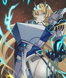 Rule 34 | 1girl, absurdres, armor, blonde hair, breastplate, breasts, chain, barghest (fate), fate/grand order, fate (series), faulds, gauntlets, green eyes, highres, horns, kankitsu kei, large breasts, long hair, looking at viewer, pauldrons, shoulder armor, solo