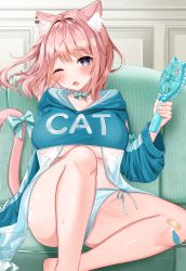 Rule 34 | 1girl, animal ear fluff, animal ears, aqua choker, bandaid, bandaid on knee, bandaid on leg, blue eyes, blue jacket, blue panties, breasts, cat ears, cat girl, cat tail, clothes writing, commentary request, fang, hand fan, highres, holding, holding fan, jacket, katsushika pachi, large breasts, legs, long hair, long sleeves, looking at viewer, one eye closed, open mouth, original, panties, pink hair, side-tie panties, sitting, tail, underboob, underwear