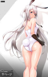 Rule 34 | 1girl, absurdres, alternate costume, animal ears, arknights, ass, bare shoulders, black gloves, black neckwear, blush, breasts, character name, commentary request, drop shadow, empty eyes, fake animal ears, feet out of frame, from behind, gloves, grey eyes, highres, leotard, long hair, looking at viewer, looking back, medium breasts, o-hako, partial commentary, playboy bunny, rabbit ears, rabbit tail, savage (arknights), silver hair, solo, standing, swept bangs, tail, tears, thighs, translated, two side up, very long hair, white leotard