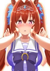 Rule 34 | 1girl, :o, animal ears, blush, bow, breasts, brown hair, collarbone, commentary request, daiwa scarlet (umamusume), hair between eyes, hair bow, hands on another&#039;s face, heart, heart-shaped pupils, highres, horse ears, horse girl, horseshoe, horseshoe ornament, large bow, large breasts, long hair, looking at viewer, pov, pov hands, purple bow, purple shirt, red bow, red eyes, sailor collar, sailor shirt, school uniform, serafuku, shirt, short sleeves, simple background, solo focus, summer uniform, symbol-shaped pupils, tiara, tracen school uniform, umamusume, upper body, very long hair, white background, yukinko (giru1234)