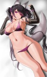 Rule 34 | 1girl, absurdres, animal ears, annie (destiny child), armpits, arms up, bare shoulders, bikini, black gloves, black hair, breasts, closed mouth, destiny child, elbow gloves, fingerless gloves, fox ears, fox girl, fox tail, gloves, groin, hair ribbon, highres, large breasts, latex, latex gloves, long hair, looking at viewer, lying, myabit, navel, on back, purple bikini, purple eyes, ribbon, solo, stomach, string bikini, sweat, swimsuit, tail, thighs, twintails, very long hair