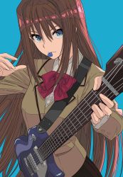 Rule 34 | 1girl, absurdres, aozaki aoko, black skirt, blazer, blue background, blue eyes, bow, bowtie, breasts, brown hair, brown jacket, closed eyes, collared shirt, commentary request, cowboy shot, electric guitar, eyebrows hidden by hair, from above, guitar, highres, instrument, jacket, long hair, long sleeves, looking to the side, mahou tsukai no yoru, medium breasts, perspective, plectrum, plectrum in mouth, red bow, red bowtie, school uniform, shirt, sidelocks, simple background, skirt, solo, standing, upturned eyes, very long hair, white shirt, wing collar, xtango