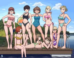 Rule 34 | 6+girls, absurdres, adjusting clothes, adjusting swimsuit, antenna hair, arms behind back, ball, beachball, bikini, black bikini, black eyes, black hair, blonde hair, blue eyes, blue one-piece swimsuit, braid, breasts, brown eyes, brown hair, can, casual one-piece swimsuit, cloud, cloudy sky, commentary, contrapposto, dark-skinned female, dark skin, english commentary, feet up, floral print, frilled bikini, frills, glasses, green eyes, hair over eyes, hand on another&#039;s shoulder, hand on own hip, head tilt, highres, holding, holding ball, holding can, looking at another, looking at viewer, low twintails, lying, medium breasts, medium hair, multiple girls, muscular, muscular female, on stomach, one-piece swimsuit, original, ostwindprojekt, outdoors, own hands together, parted lips, partially submerged, pier, ponytail, pool ladder, profile, purple one-piece swimsuit, rectangular eyewear, red hair, shore, short hair, side-tie bikini bottom, sitting, sky, small breasts, smile, sports bikini, standing, swimsuit, tree, twin braids, twintails, water, yellow bikini
