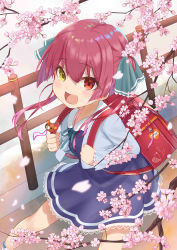 Rule 34 | 1girl, aged down, aqua ribbon, backpack, bag, blue dress, blurry, blurry foreground, blush, breasts, cherry blossoms, child, commentary request, cropped jacket, dress, eyelashes, feet out of frame, frilled dress, frills, hair ribbon, heterochromia, highres, holding strap, hololive, houshou marine, leaning forward, long hair, open mouth, pink hair, randoseru, red bag, red eyes, ribbon, school bag, school uniform, shadow, sidelocks, small breasts, solo, twintails, uiharu151, virtual youtuber, white legwear, yellow eyes