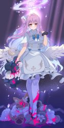 Rule 34 | 1girl, absurdres, angel, angel wings, blood, blue archive, breasts, crying, crying with eyes open, dress, flower, hair ornament, halo, highres, holding, holding toy, large breasts, long hair, looking at viewer, mika (blue archive), pantyhose, pink hair, sacha, sailor collar, sailor dress, shoes, side ponytail, smile, solo, standing, stuffed toy, tears, toy, white dress, white pantyhose, wings, yellow eyes