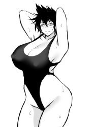 Rule 34 | arms up, breasts, curvy, highres, ichigeki haruka, large breasts, mature female, monochrome, one-piece swimsuit, swimsuit