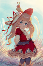 Rule 34 | 1girl, :3, absurdres, animal, animal on head, arms behind back, bird, bird on head, black pantyhose, blonde hair, blue eyes, blue sky, closed mouth, commentary request, drusilla, granblue fantasy, harvin, hat, hat ribbon, highres, long hair, looking at viewer, on head, pantyhose, pointy ears, red ribbon, red skirt, ribbon, skirt, sky, smile, solo, tan liao, twintails, white hat