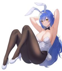 Rule 34 | 1girl, absurdres, animal ears, armpits, arms behind head, ass, black bow, black bowtie, black pantyhose, blue hair, bow, bowtie, breasts, detached collar, dobure18, fake animal ears, fake tail, girls&#039; frontline, hair between eyes, high heels, highleg, highleg leotard, highres, large breasts, leotard, long hair, looking at viewer, pantyhose, parted lips, playboy bunny, rabbit ears, rabbit tail, side-tie leotard, simple background, solo, strapless, strapless leotard, sweat, tail, tar-21 (girls&#039; frontline), tar-21 (night at the bar) (girls&#039; frontline), very long hair, white background, white footwear, white leotard, yellow eyes