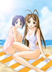 Rule 34 | 2girls, :d, antenna hair, ass, barefoot, beach, beach towel, blanket, blue eyes, blue hair, blush, bob cut, body blush, breasts, brown eyes, brown hair, casual one-piece swimsuit, cleavage, clothing cutout, cloud, cloudy sky, day, from side, hair intakes, halterneck, highleg, highleg swimsuit, hugging own legs, leaning forward, long hair, looking at viewer, looking back, love hina, maehara shinobu, multiple girls, narusegawa naru, ocean, one-piece swimsuit, open mouth, outdoors, parted bangs, pink one-piece swimsuit, short hair, side cutout, sidelocks, sitting, sky, small breasts, smile, striped, swimsuit, towel, water, white one-piece swimsuit