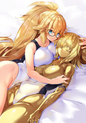 Rule 34 | 2girls, ahoge, black-framed eyewear, blonde hair, blue eyes, breasts, closed mouth, commentary request, competition swimsuit, fate/grand order, fate (series), fujimaru ritsuka (female), glasses, gold, hair between eyes, highres, jeanne d&#039;arc (fate), jeanne d&#039;arc (ruler) (fate), jeanne d&#039;arc (swimsuit archer) (fate), jeanne d&#039;arc (swimsuit archer) (second ascension) (fate), large breasts, long hair, looking at another, lying, multiple girls, one-piece swimsuit, petrification, ponytail, ruri rarako, short hair, smile, swimsuit, thighs, white one-piece swimsuit, yuri