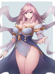 Rule 34 | 1girl, aqua eyes, bare shoulders, breasts, cleavage, closed mouth, collarbone, commentary request, gabriel (granblue fantasy), granblue fantasy, hagoromo, highleg, highleg leotard, highres, leotard, light smile, looking at viewer, outstretched hand, pink hair, shawl, solo, yonaga san