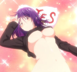 Rule 34 | 1girl, aoba yuzuki, black shirt, blush, breasts, highres, large breasts, long sleeves, looking at viewer, medium hair, navel, no bra, out-of-frame censoring, purple hair, red eyes, screencap, shirt, solo, stitched, stomach, temple (series), third-party edit, underboob, yes-no pillow