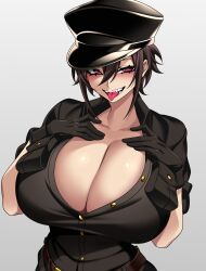 1girl :p absurdres black_hair breast_pocket breasts buttons cleavage gloves hand_on_own_chest hat hat_over_one_eye highres huge_breasts hz_(666v) impossible_clothes impossible_shirt looking_at_viewer midriff original pink_eyes pocket shirt short_hair short_sleeves shorts simple_background smile solo stomach tongue tongue_out upper_body white_background zepia_(camui_kamui)