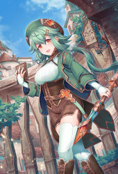 Rule 34 | 1girl, :d, absurdres, ankle boots, blue sky, book, boots, brown footwear, brown shorts, cloud, day, fang, feet out of frame, green hair, green jacket, hat, highres, holding, holding book, holding weapon, jacket, long hair, looking at viewer, open clothes, open jacket, open mouth, original, outdoors, ponytail, red eyes, shichigatsu, shorts, sky, smile, solo, standing, thighhighs, tree, weapon, white thighhighs